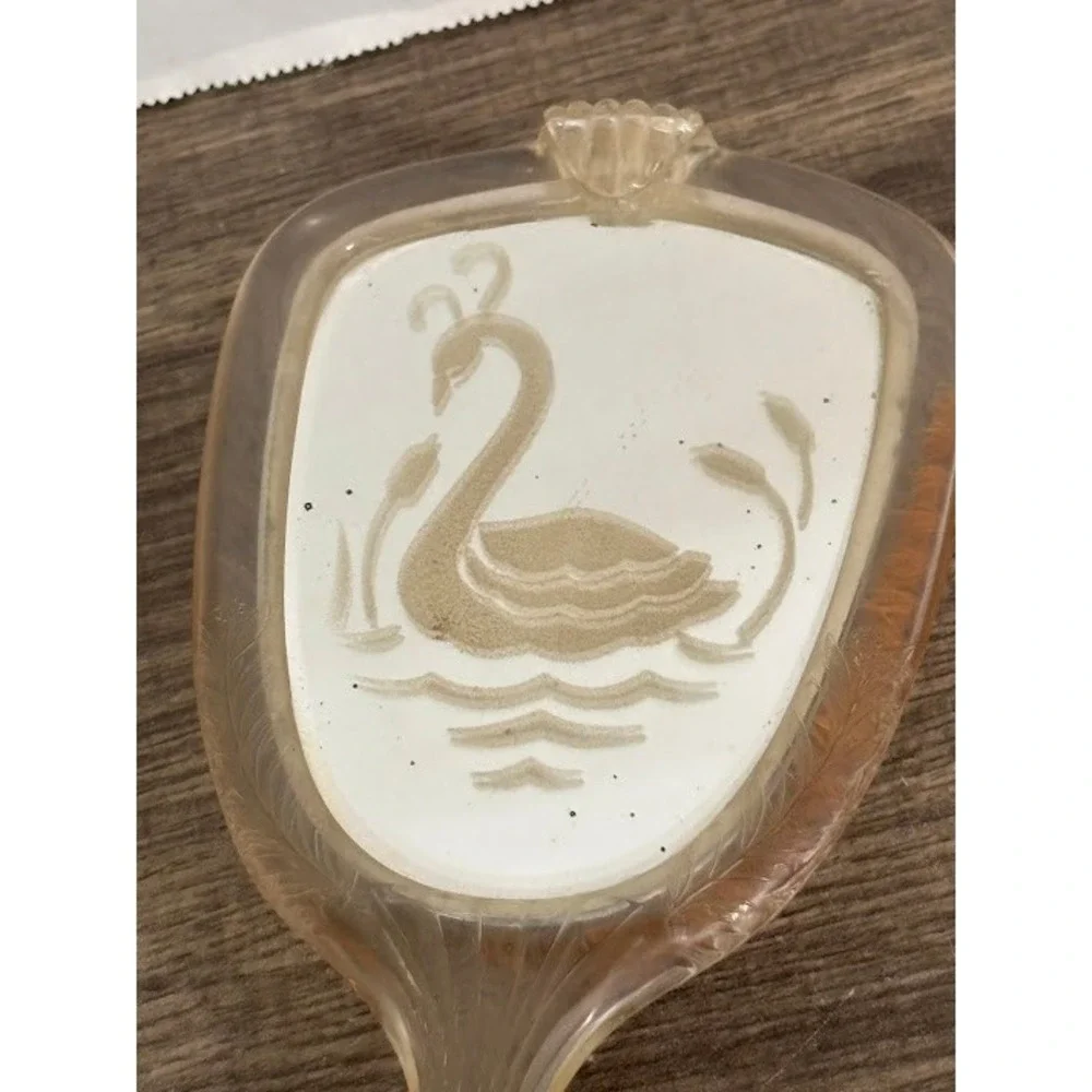 Vintage Lucite Hair Brush Etched Swan Design Clear Plastic Made in USA 10.5 Inch